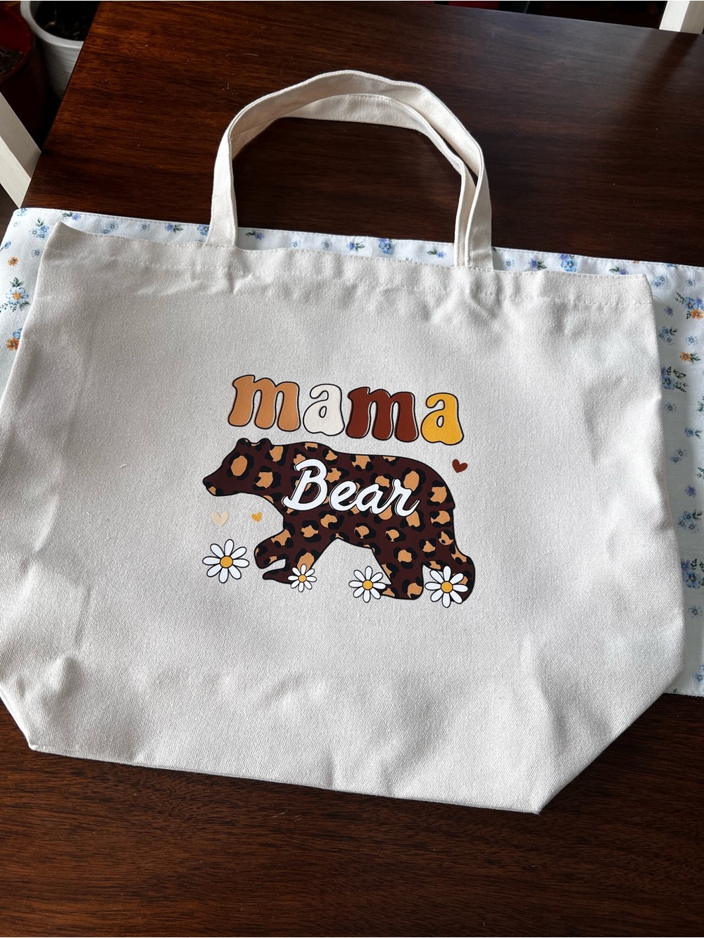 Mama Bear Tote Bag - Cream with Brown Leopard Graphic